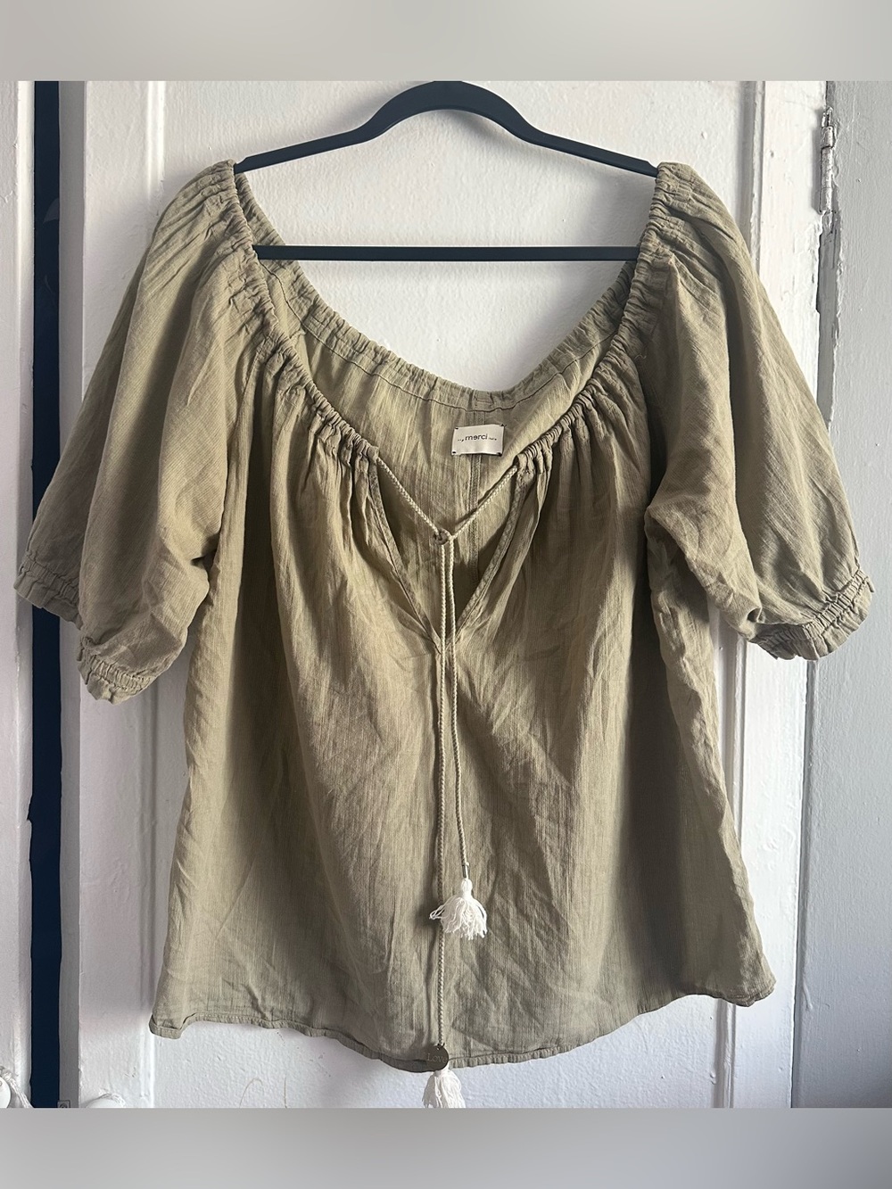 Merci Italia Olive Off-Shoulder Peasant Top with Tassel Tie